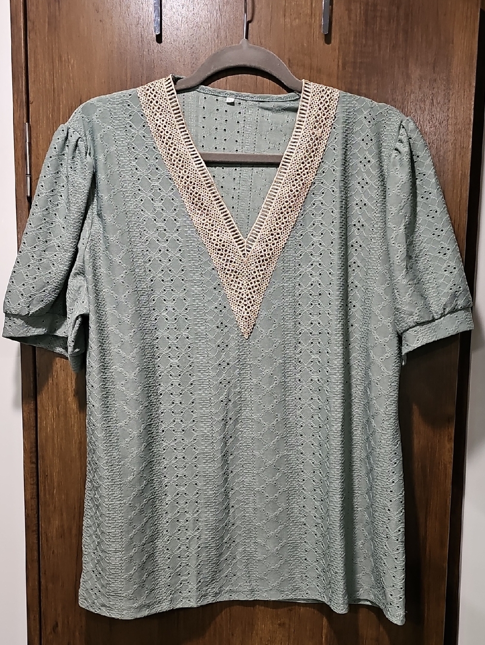 Sage Green Eyelet V-Neck Top with Crochet Trim